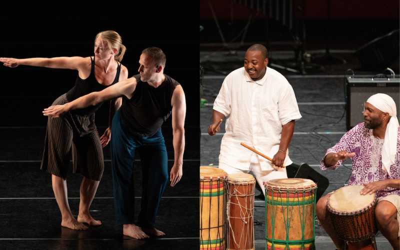 Two dancers posing together in one photo, two musicians drumming together in another photo